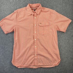 Simms Fishing Shirt Mens Large Orange Plaid Short Sleeve Button Outdoor